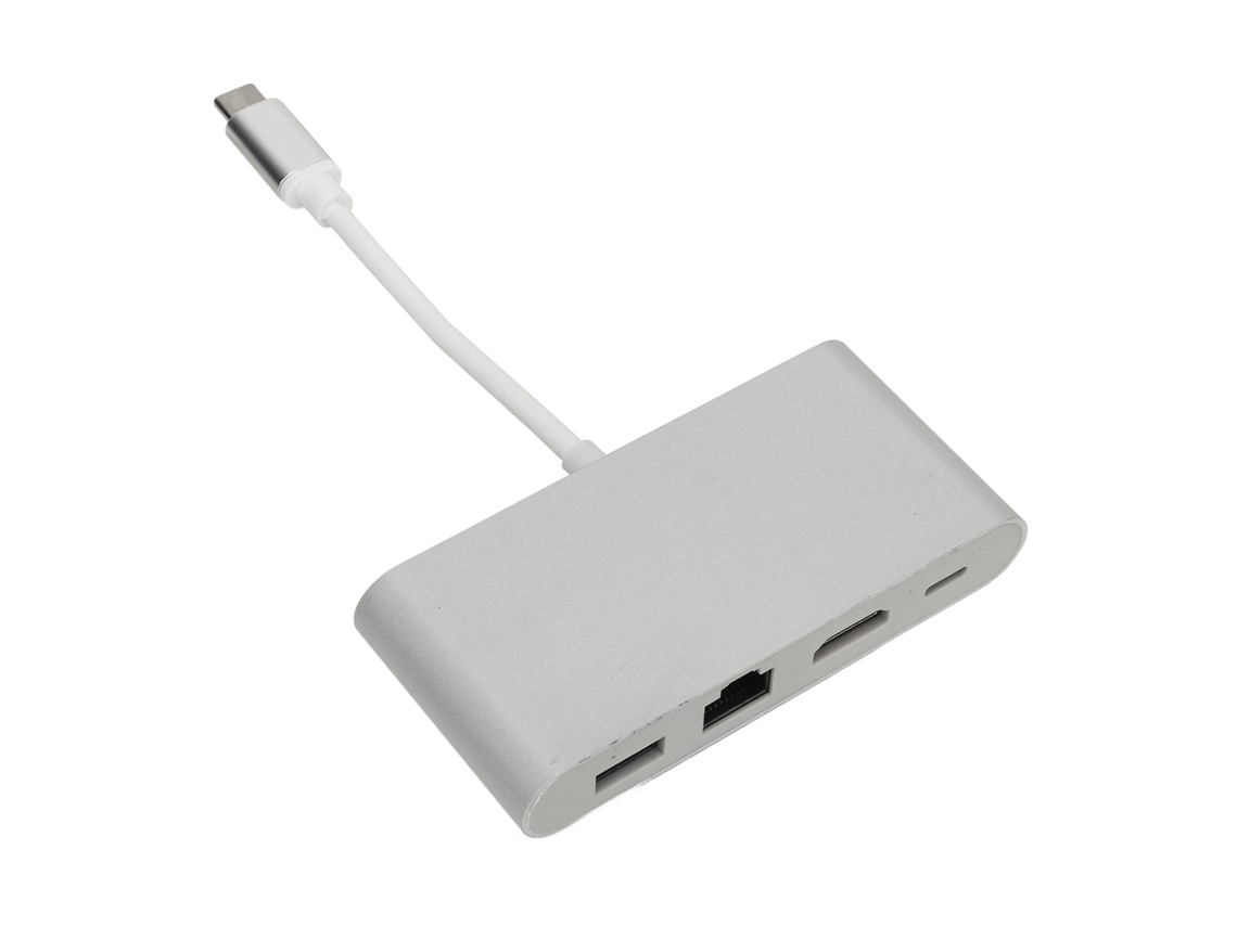 Adaptador Multipuerto Usb-c 4 En 1 Con Hdmi, Rj45 Y Usb 3.0, De Aluminio Plateado, Para Teléfonos Móviles Y Ordenadores.