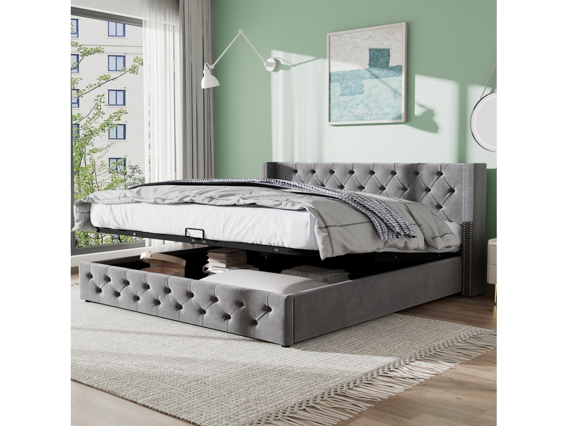 Cama Capitoné Color Beige (140x190 Cm) Con Sistema Hidráulico.