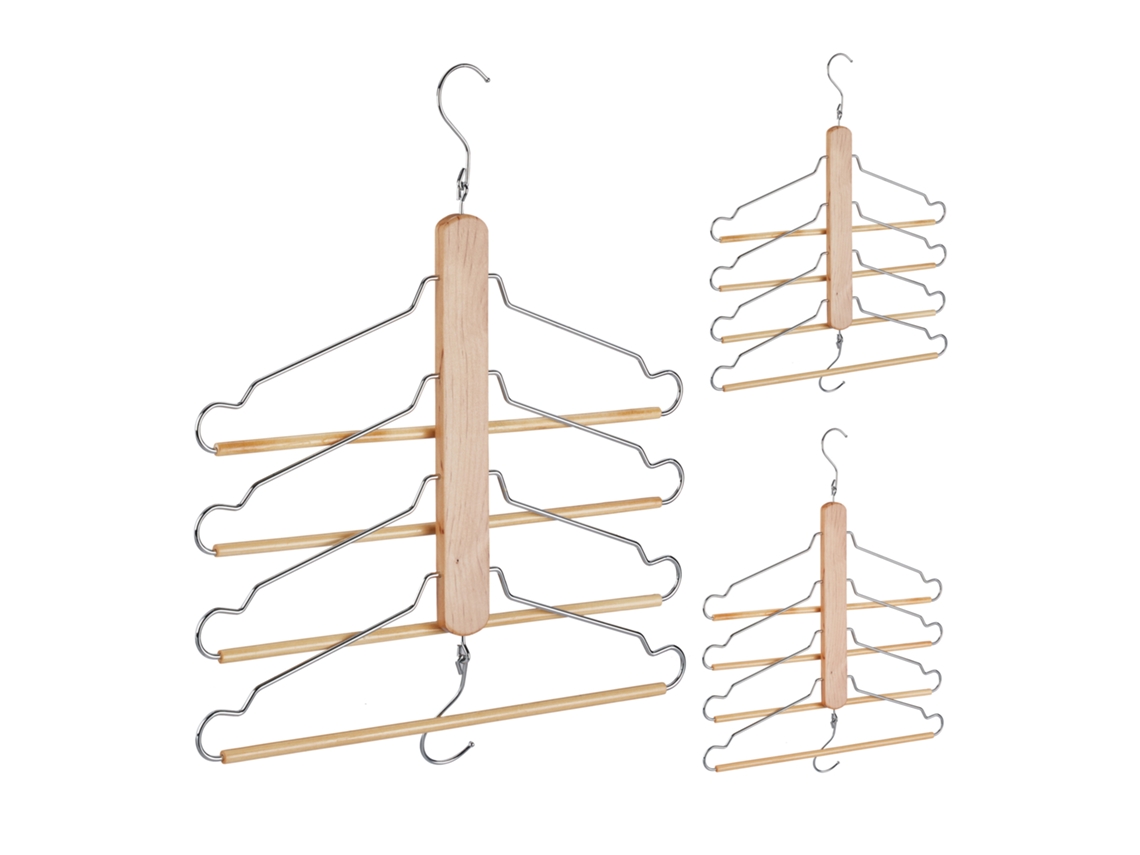 Relaxdays Perchas Múltiples, 4 En 1, Ahorra Espacio, Set De 3, Barra Pantalones, Madera Loto Y Metal, Natural Y Plateado