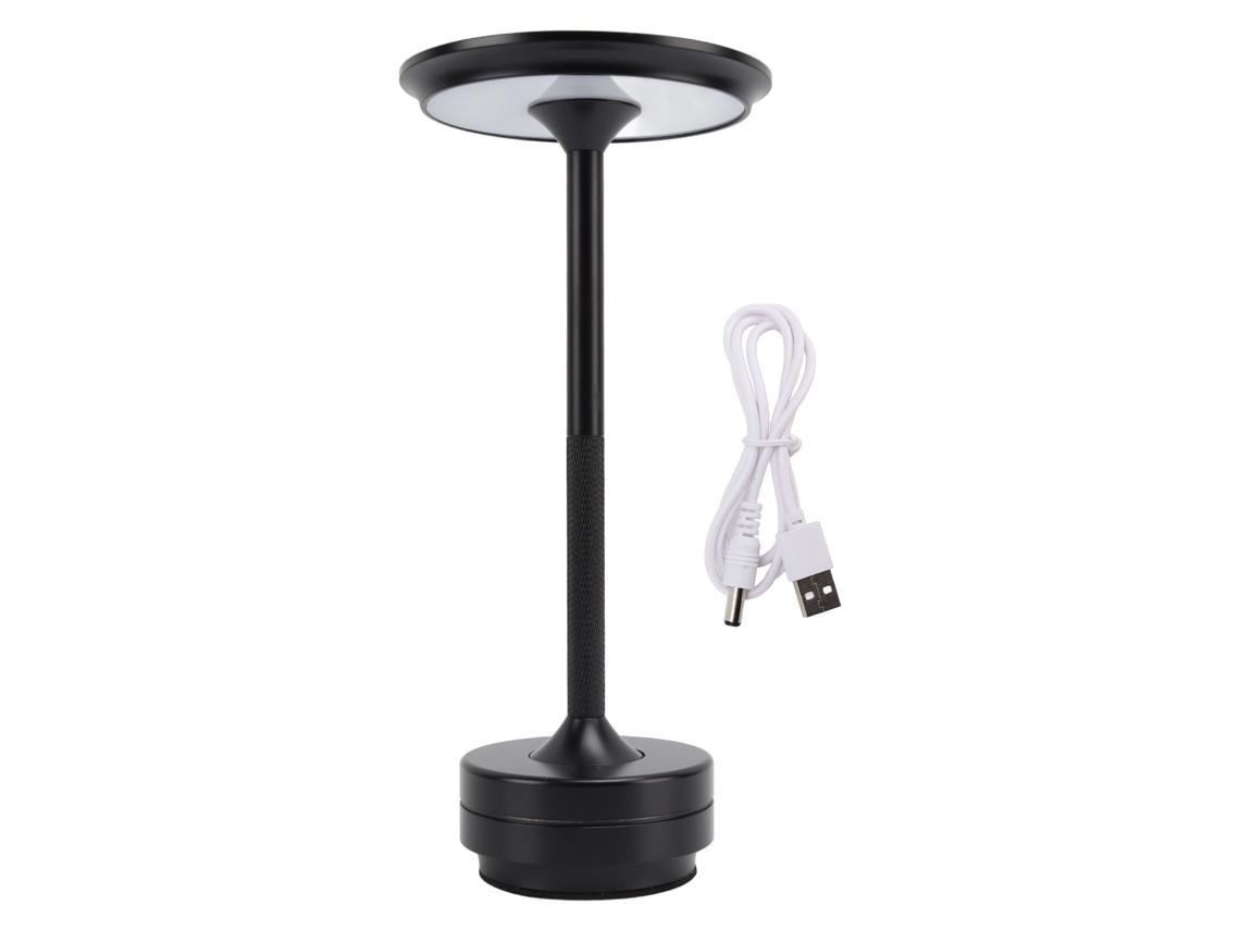 Lámpara de oficina LED inalámbrica recargable 2026 con ajuste de brillo de 360 grados, aluminio negro.