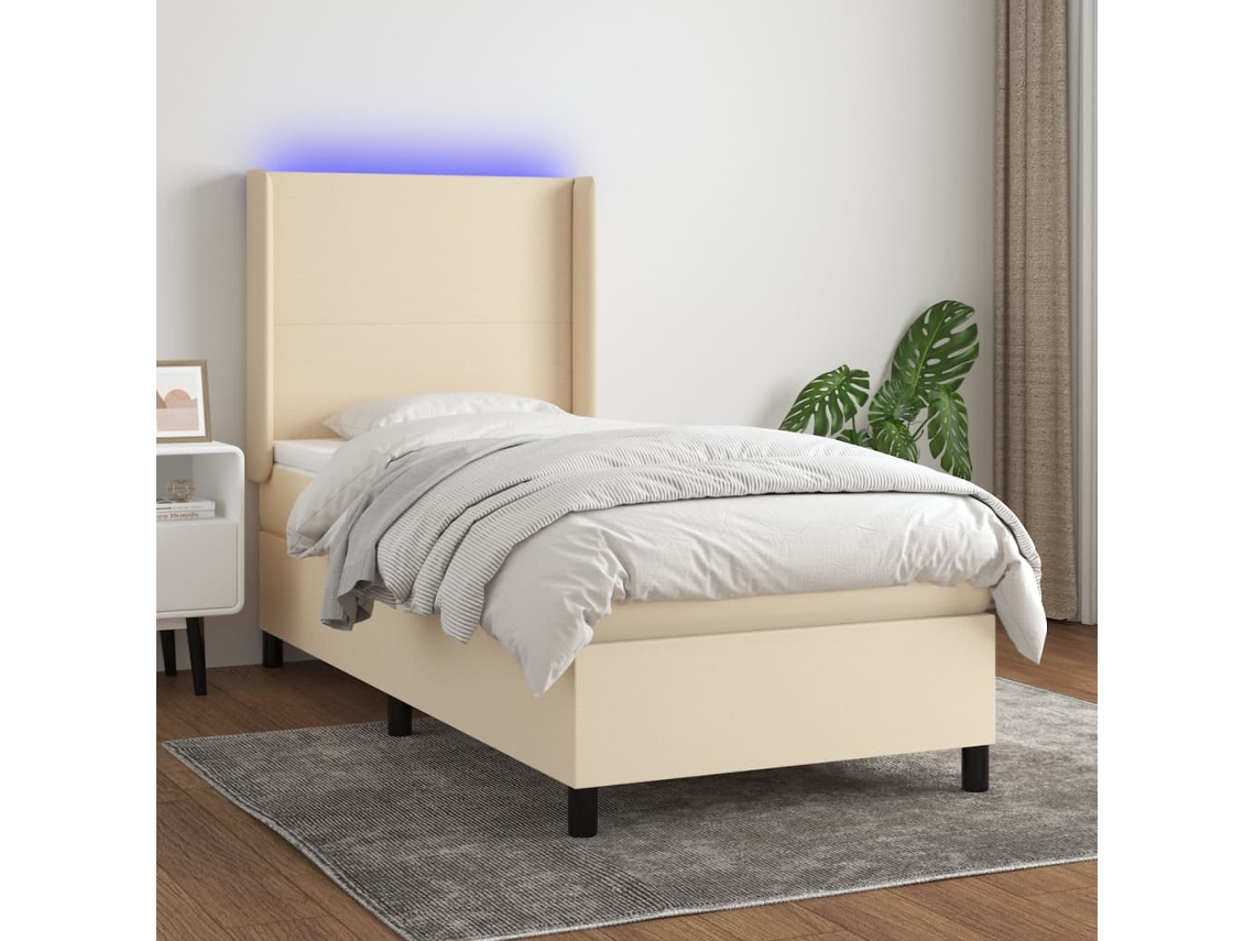 Cama Box Spring Colchón Y Luces Led Tela Crema 90x200 Cm
