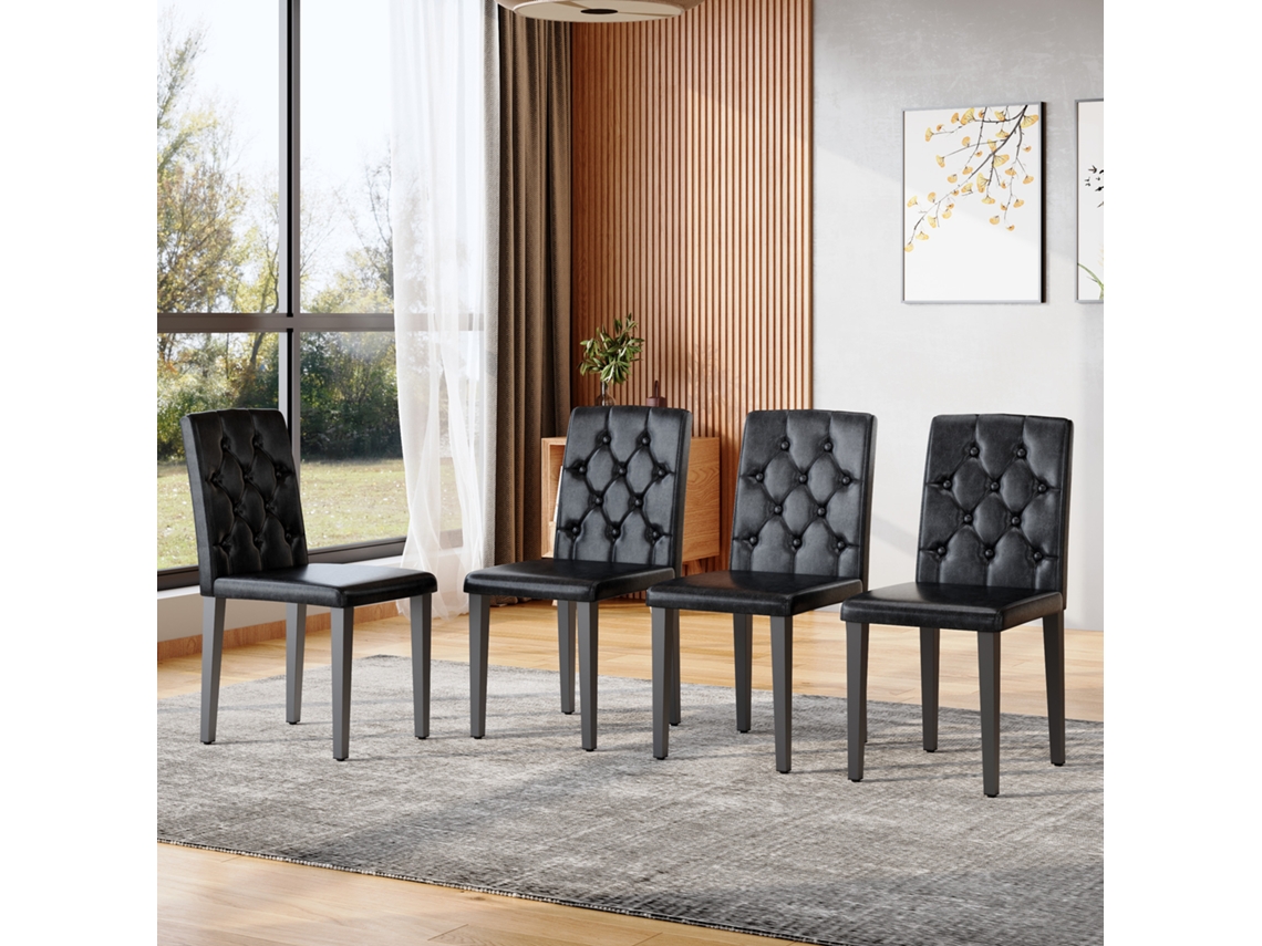 Juego De 4 Sillas De Comedor, Color Negro Puro, Patas Negras.