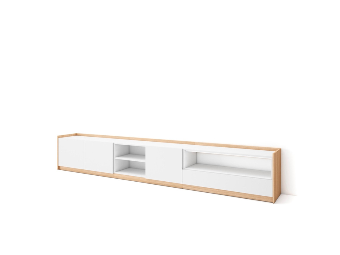 Mueble para TV, 310x37x50cm, para televisores de hasta 80'', color blanco y roble claro.