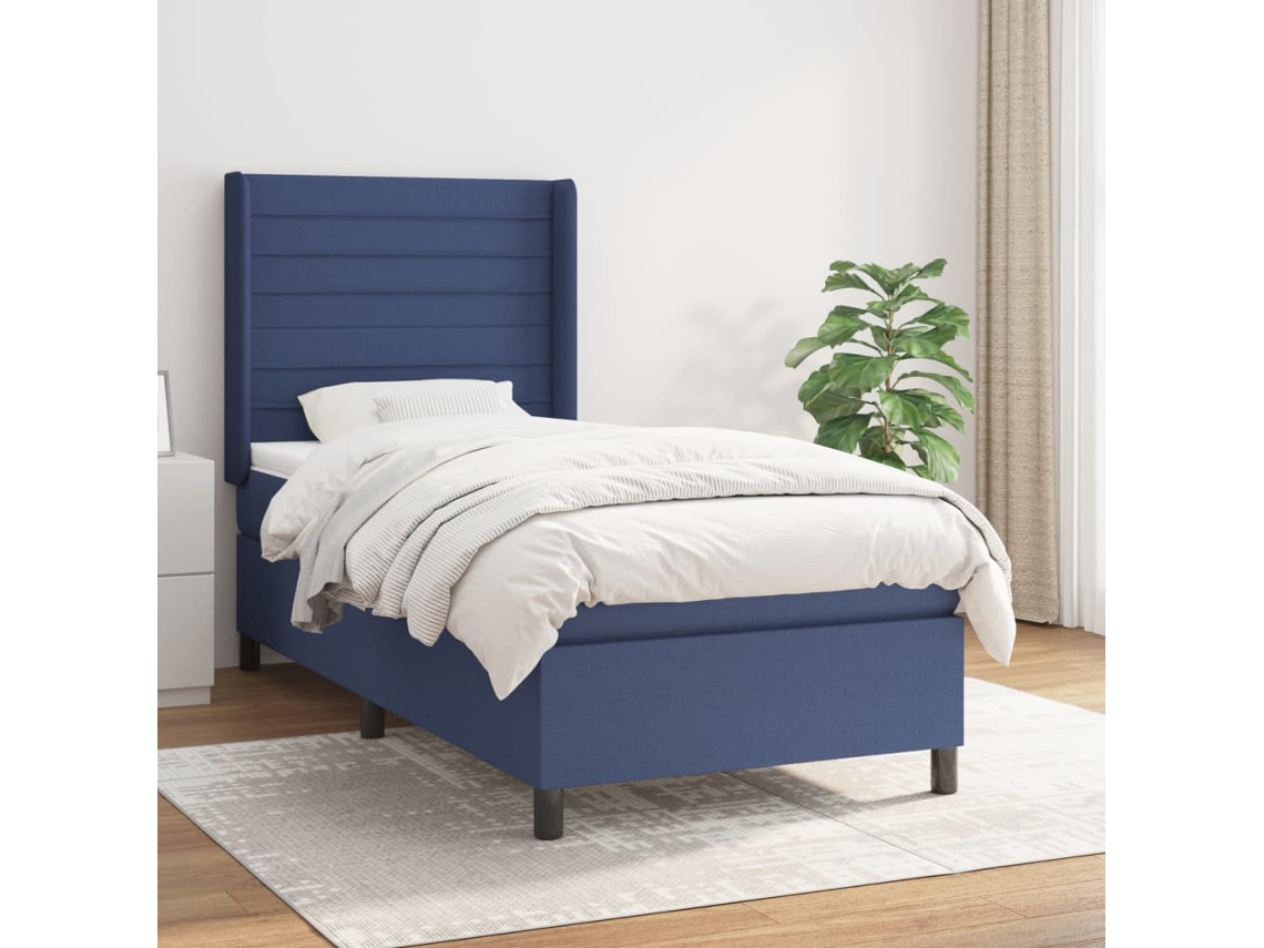 Cama Box Spring Con Colchón Tela Azul 80x200 Cm