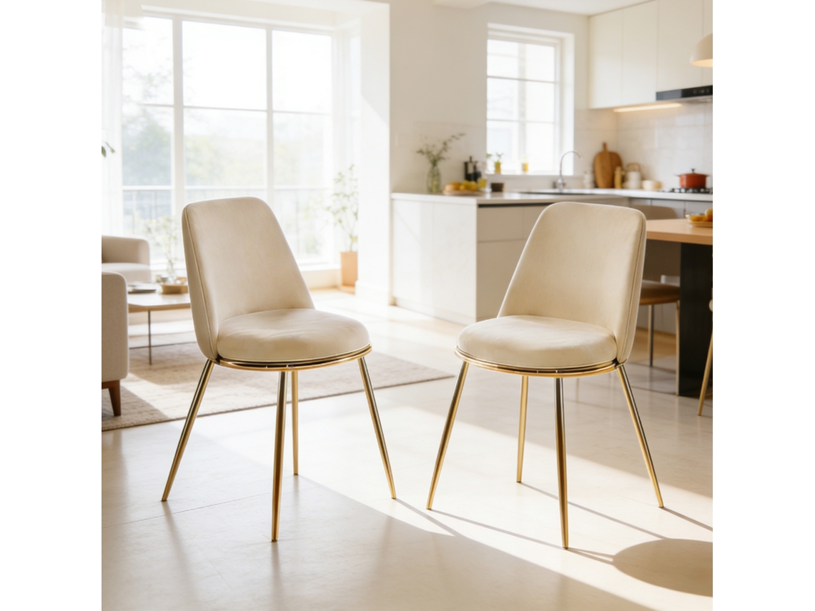Silla De Comedor Moderna De Terciopelo Blanco Crema Con Patas Doradas.