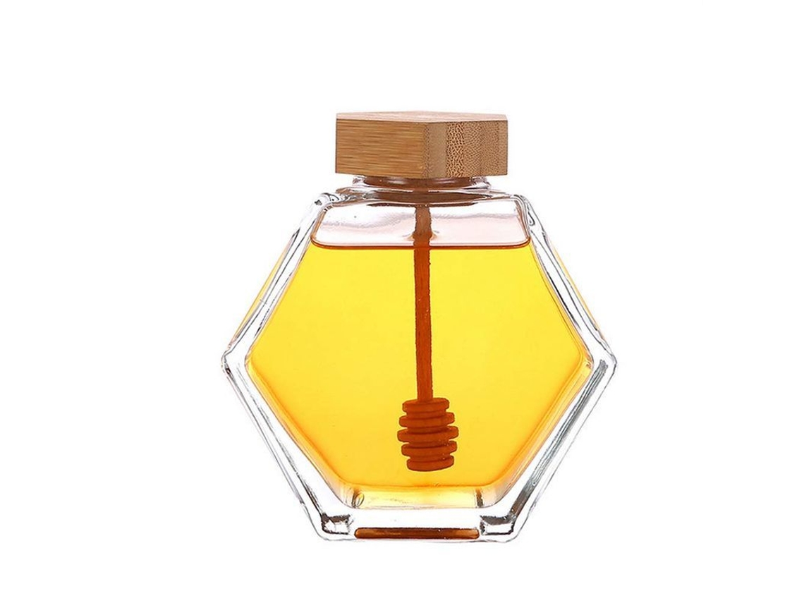 2026da-tarro De Miel De Vidrio Grueso Transparente Con Tapa De Madera Y Cucharita 220ml