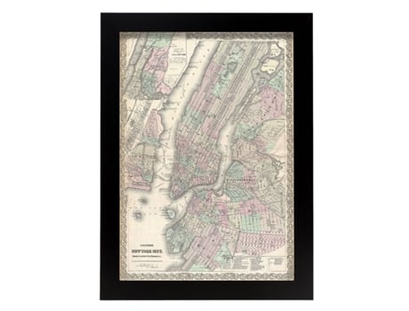 NACNIC Pósters Geográficos En Vintage Mapa De Nueva York De 1865 Ilustraciones De Antiguos Mapamundis En Tonos Sepia Tamaño A4 Con Marco Color Made...
