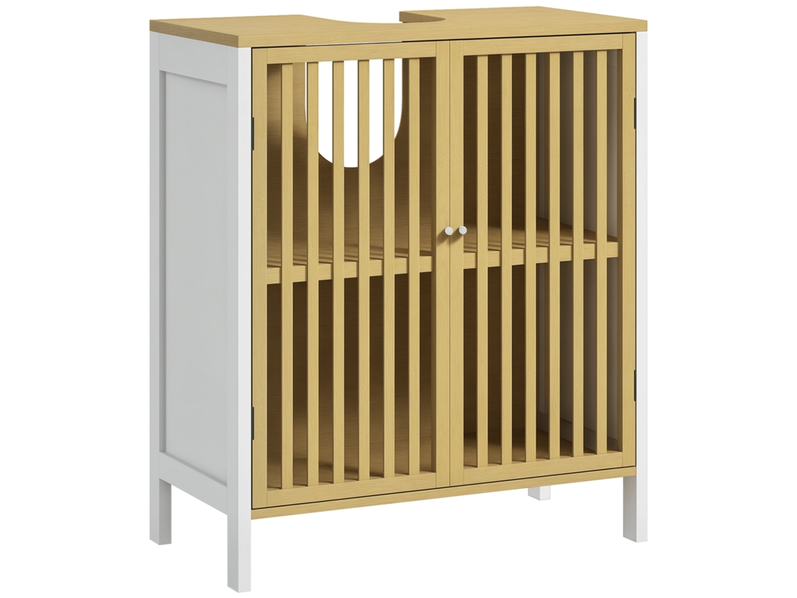 Mueble De Baño De Bambú Bajo Lavabo, 2 Puertas, Estante Ajustable, Blanco Natural, 60x30x70