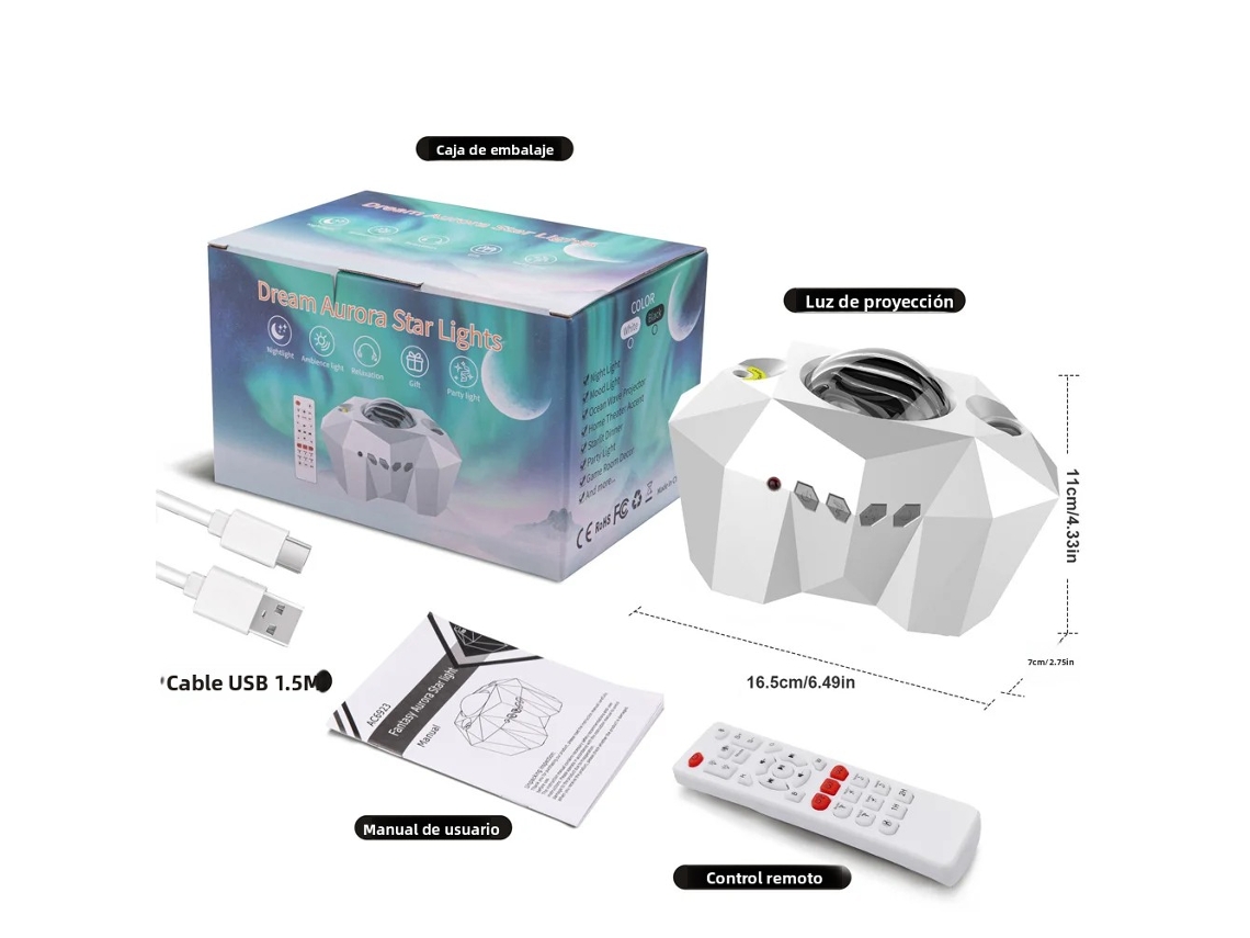 (Blanco) Proyector de cielo estrellado Aurora Galaxy con control remoto, luz nocturna y altavoz Bluetooth.