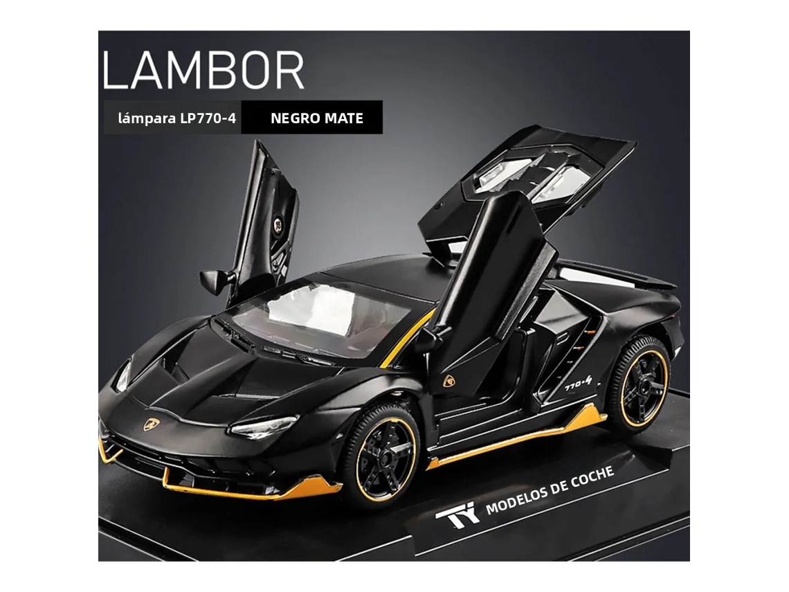 Miniatura Lamborghini LP770 a escala 1/32, fabricada en aleación de metal fundido a presión, con retroiluminación y música. Mdug (negro mate).