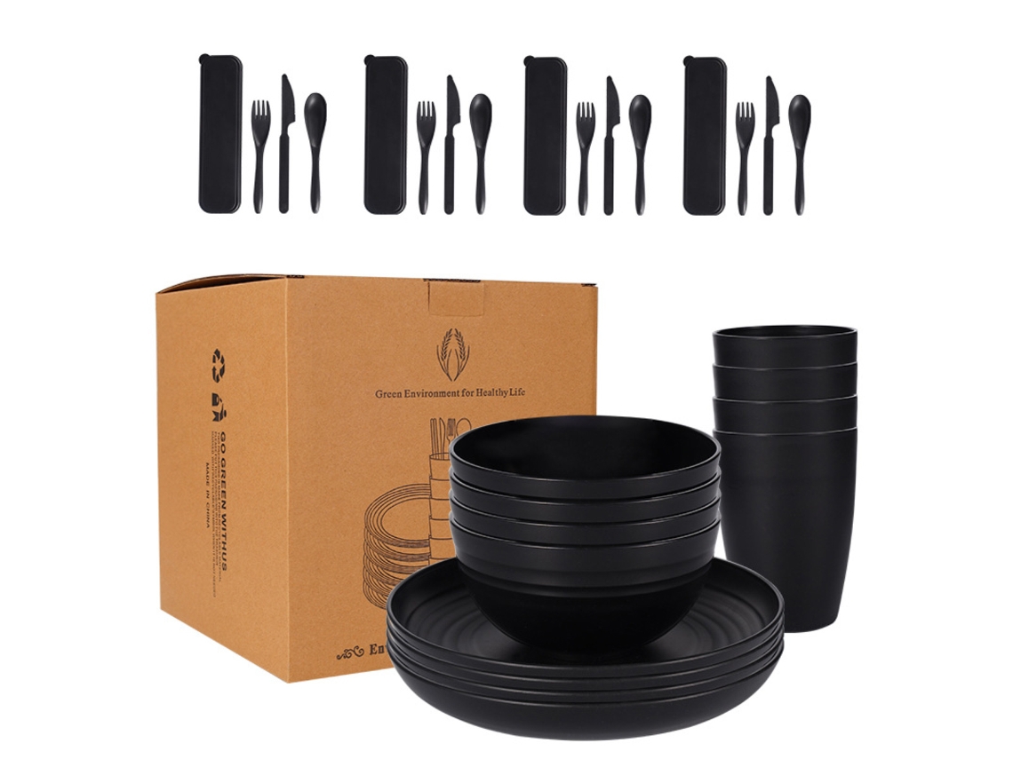 JILLIOPER Bol de paja de trigo negro, recipiente, vaso, cubiertos de plástico y juego de 28 piezas para regalo
