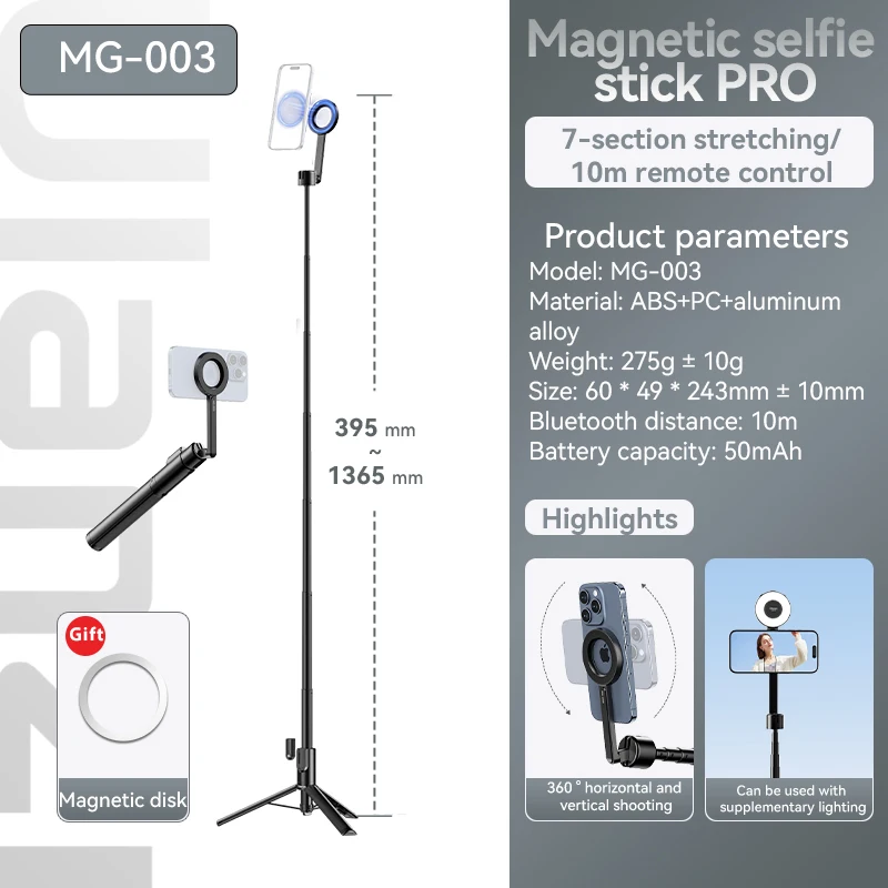 Trípode Magsafe MG-003 de 7 secciones para teléfono móvil, magnético, desmontable y con control remoto inalámbrico, para iPhone 16-12, color negro
