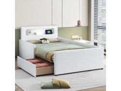 Cama Infantil 90x200 Cm, Luz Nocturna, Usb, Almacenaje, Laterales Elevados, Cuero Sintético, Blanco