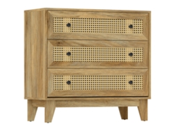 Cómoda de ratán de 3 cajones, madera clara.