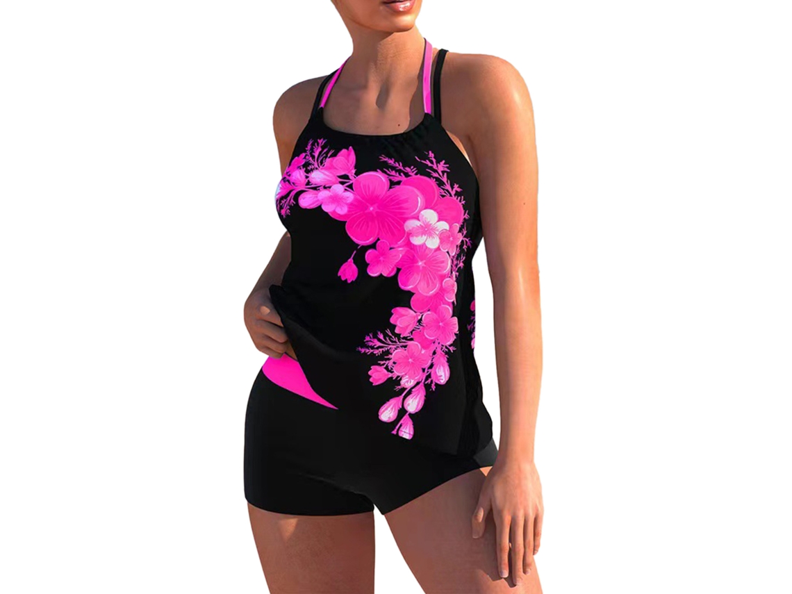 Bikini rosa con estampado floral y tiras cruzadas, talla M