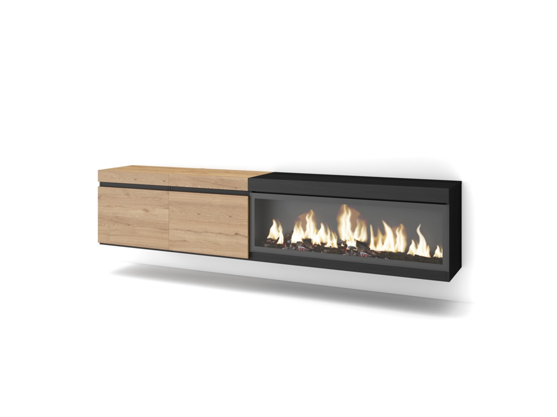 Mueble TV, Televisión, 210, Para TV hasta 80, Chimenea eléctrica XXL, Colgado, Suspendido, Roble y negro SKRAUT HOME