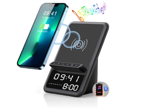 Estación de Carga Inalámbrica Altavoz Reloj Despertador para iPhone 14 CHRONUS Bluetooth Negro