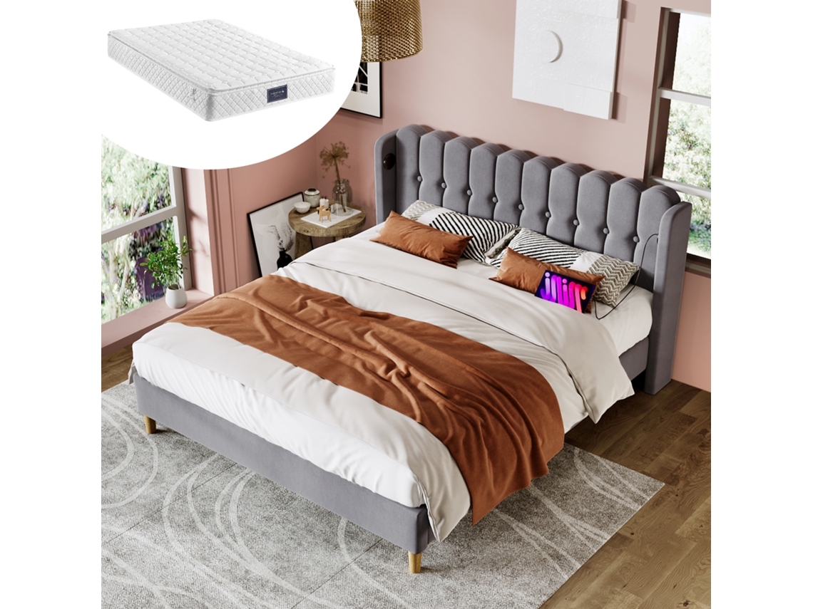 Cama Tapizada De 140x200 Cm Con Puerto Usb Tipo-c, Somier De Láminas, Tejido De Lino Gris Y Colchón.
