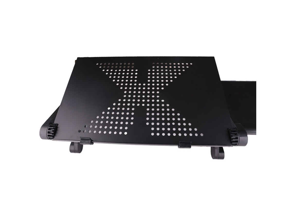 Soporte ajustable de aluminio para portátil con mesa y ratón.