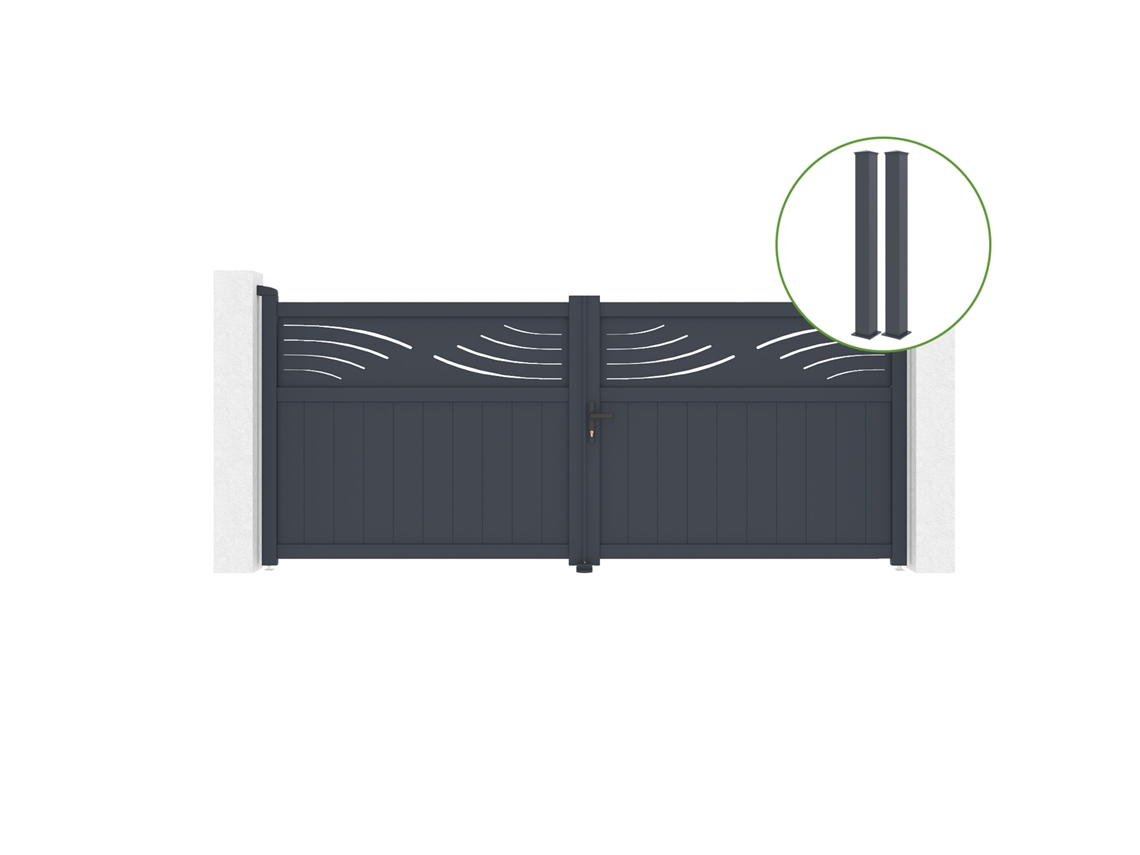 Puerta abatible 3,4m HALTI H.140cm aluminio 2 postes EIFEL 15x15cm H.166cm GRI CASANOOV
