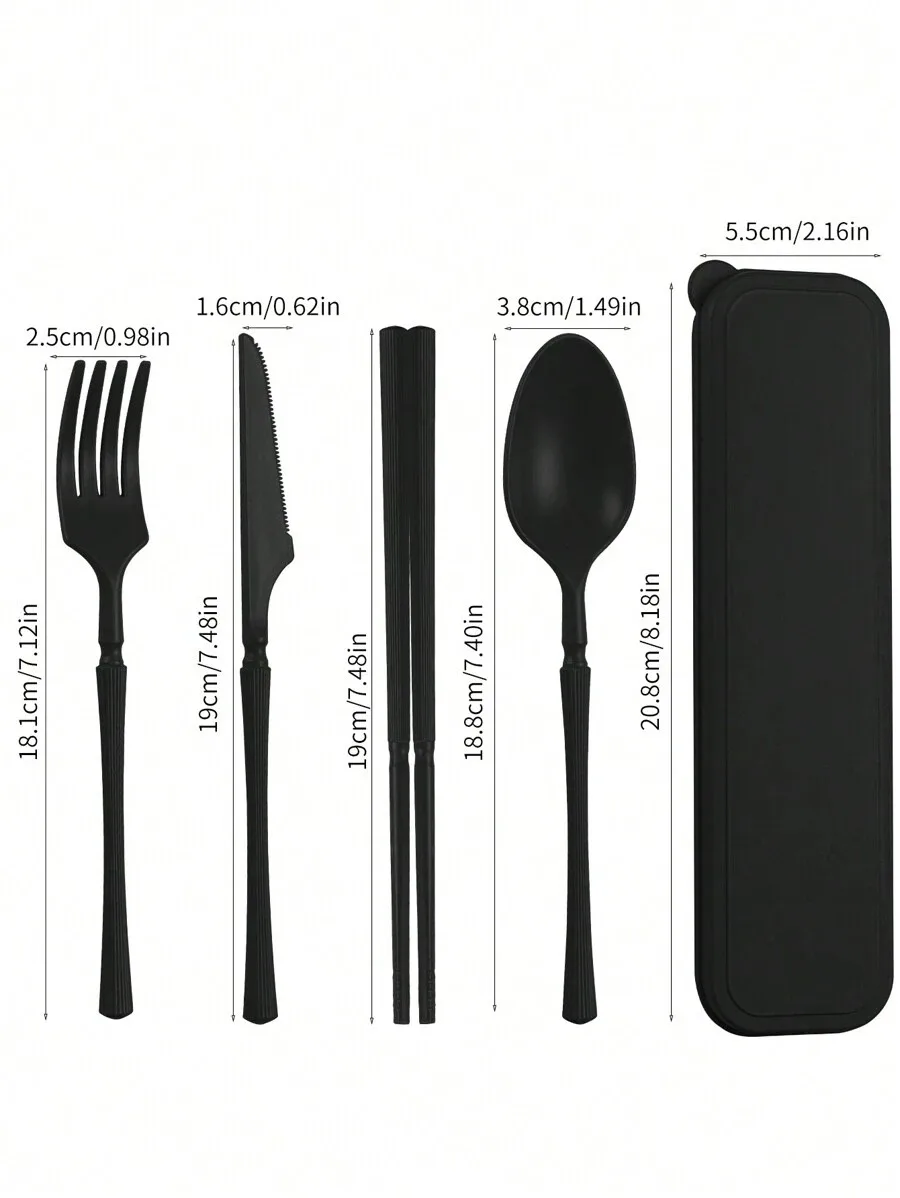 (1 Negro) Un Juego De Cubiertos De Plástico Que Incluye Un Cuchillo, Un Tenedor, Una Cuchara Y Palillos.