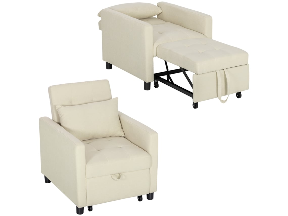 Sofá-cama Individual Linho Encosto Ajustável 3 Níveis Almofada Bege 69x82,5x84cm