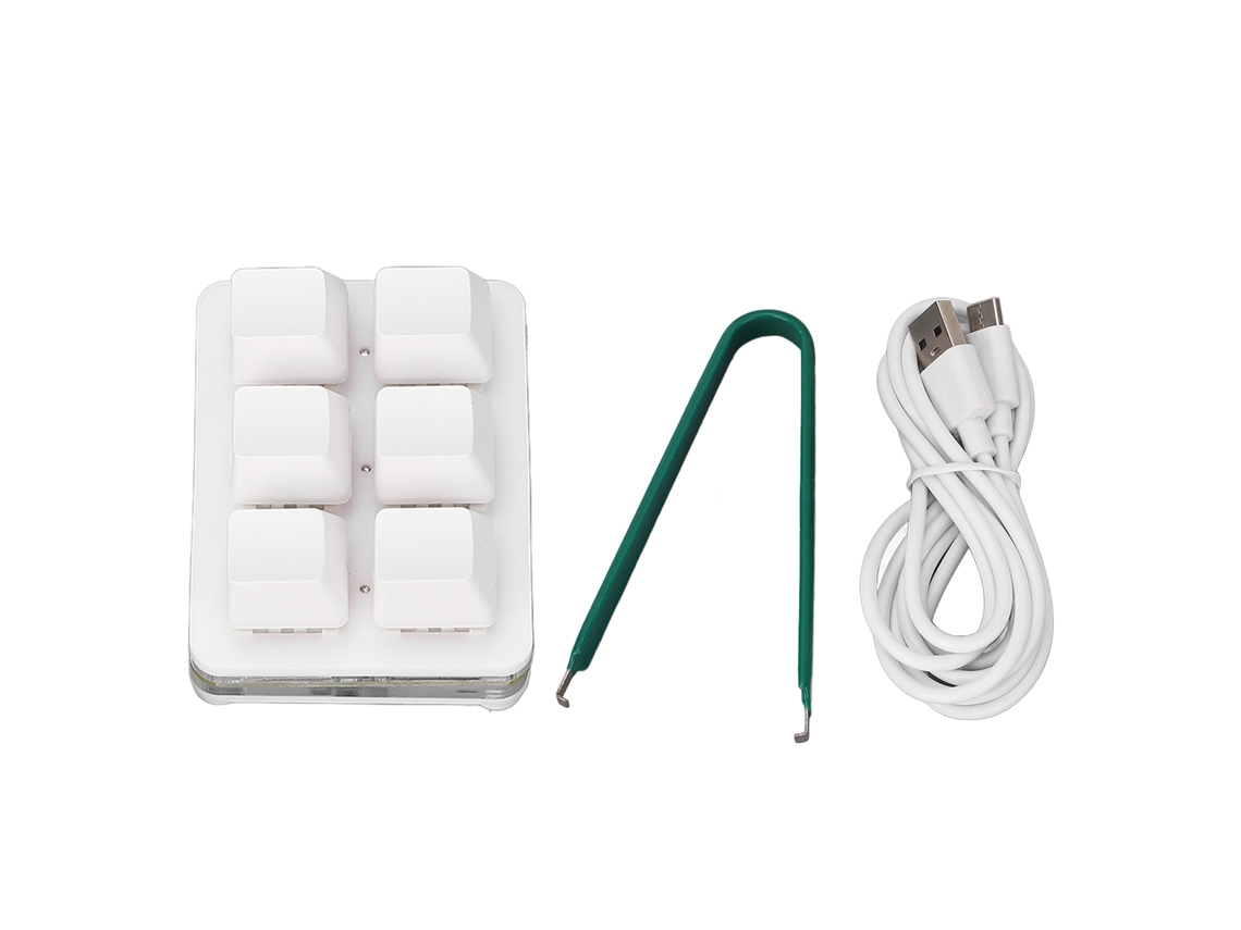 Teclado mecánico para juegos de 6 teclas, programable, con interruptores rojos, iluminación RGB, conexión USB y cable blanco pequeño, ideal para juegos y uso de oficina.