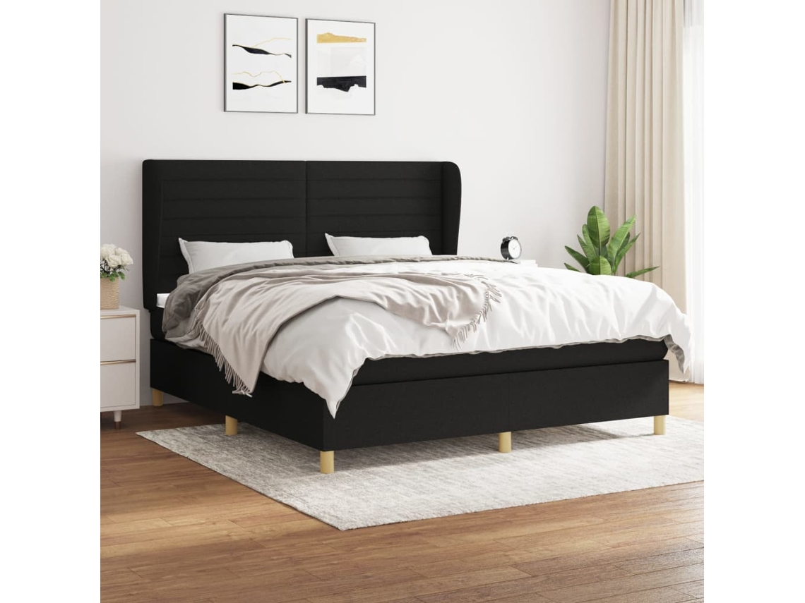 Cama Box Spring Con Colchón Tela Negro 160x200 Cm