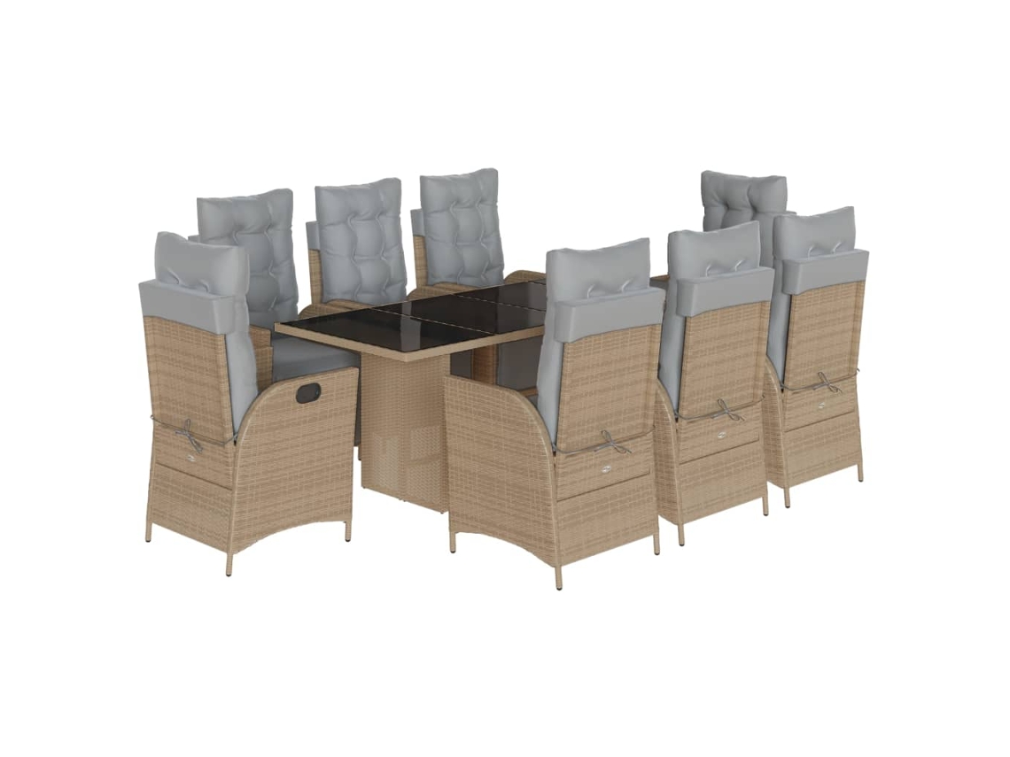 Conjunto de 9 piezas de comedor de jardín con cojines de mimbre en beige mixto - EXCLUSIVA MAISON