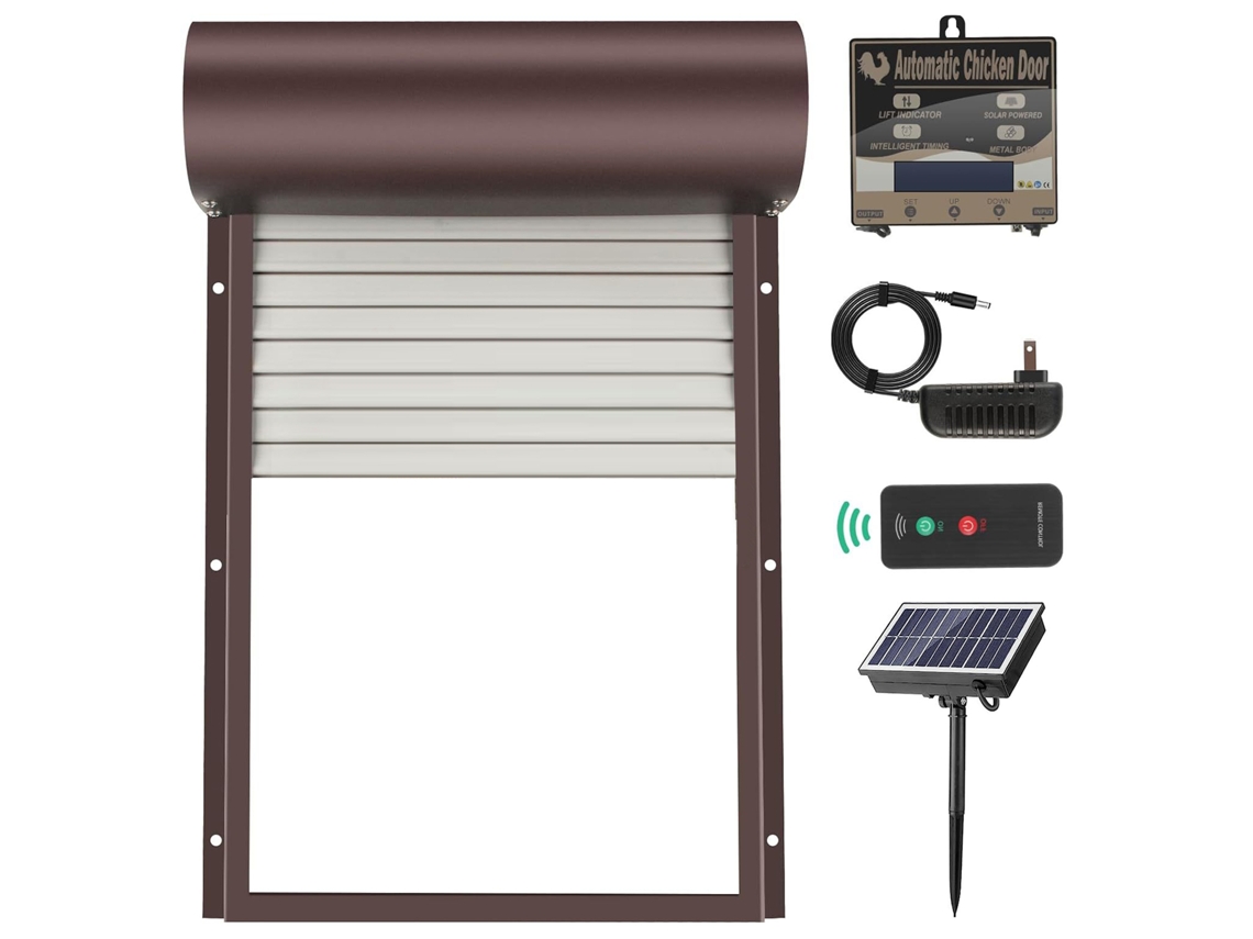Puerta automática para gallinas con energía solar, temporizador y sensor.