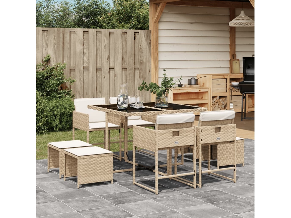 Juego de comedor de jardín de 9 piezas con cojines, mimbre sintético beige, DKD Home Decor