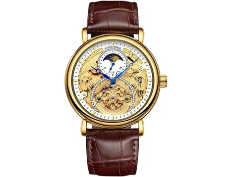 VEANXIN Relojes de pulsera automáticos de cuero y acero inoxidable con esqueleto-marrón oro blanco
