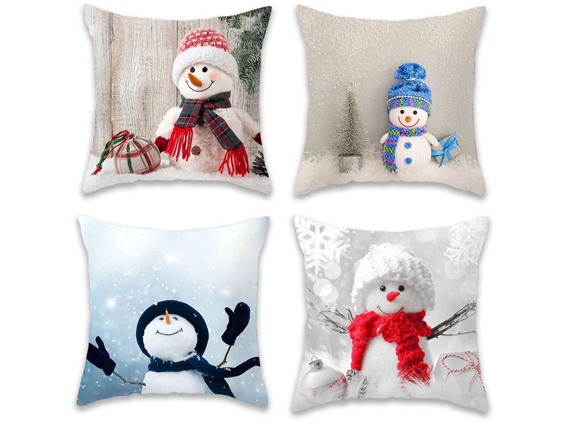 4 Fundas De Almohada De Invierno Con Muñeco De Nieve Navideño Cuadrado Decorativo De 45x45 Cm.