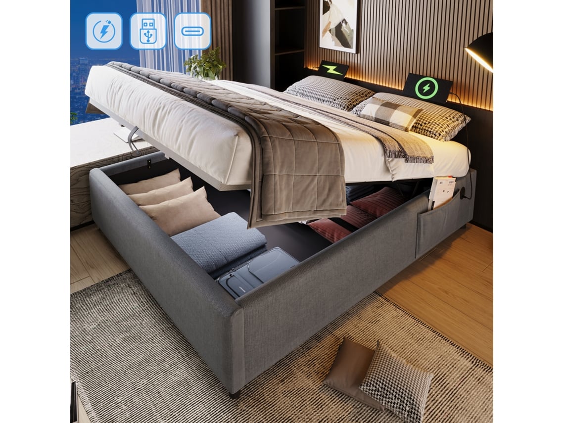 Cama De Algodón Gris De 140x200 Cm, Sin Cabecero, Usb-c, Base De Láminas.