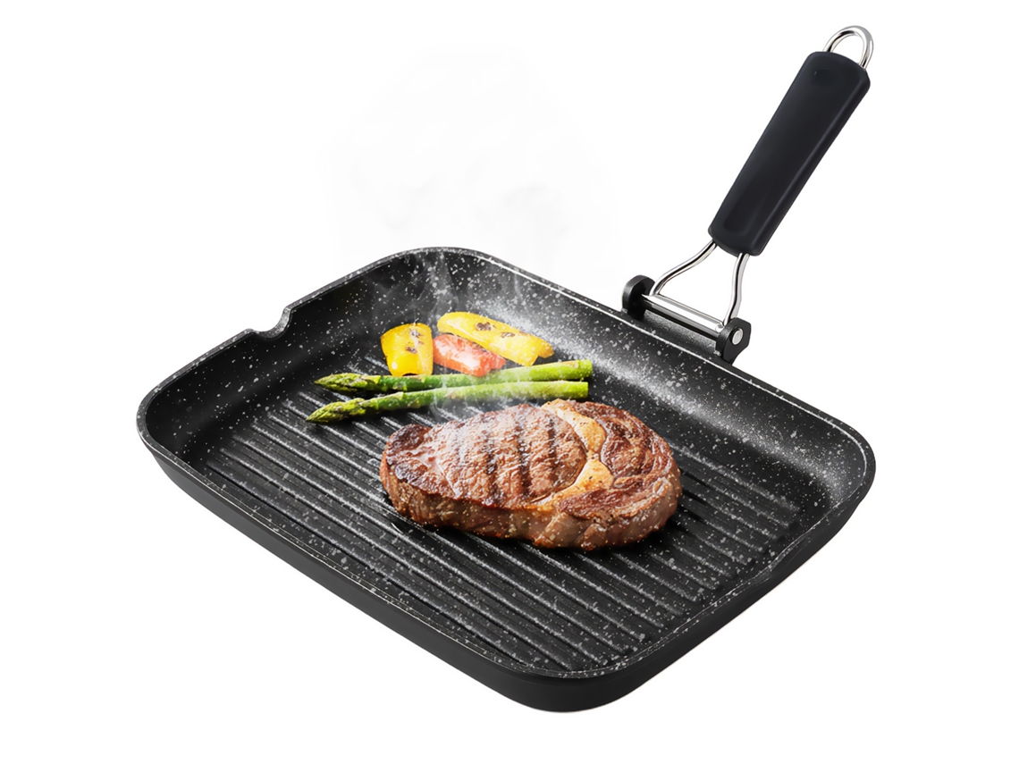 Sartén para parrilla de inducción, antiadherente de titanio, 34 x 24 cm, aluminio fundido libre de PFOA, mango plegable, Briebe, GP1160