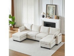 Sofá Modular 6 Plazas - U, Chaise Longue, Almacenamiento, Chenilla - Beige