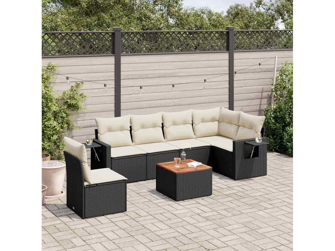 Conjunto de sofá de jardín de 7 piezas con cojines de mimbre negro de DKD Home Decor