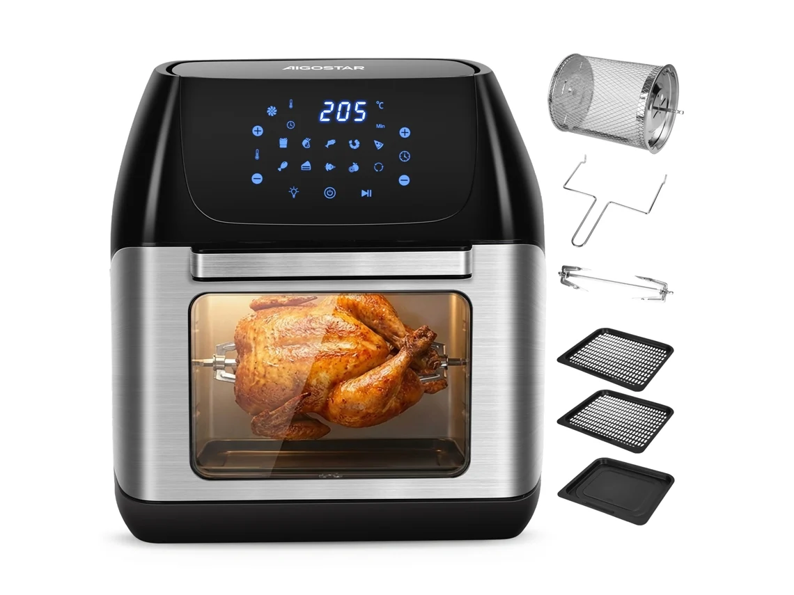 Freidora de aire AIGOSTAR Owen de 12 L y 1700 W - 8 modos + 7 accesorios - Pantalla LED táctil - Sistema giratorio