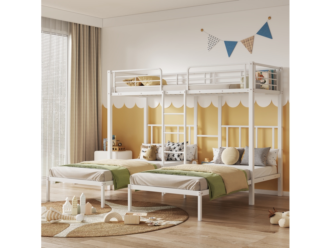 Litera Triple De 90x200 Cm Con Escritorio Y Escalera, De Metal Blanco, Tamaño Infantil.