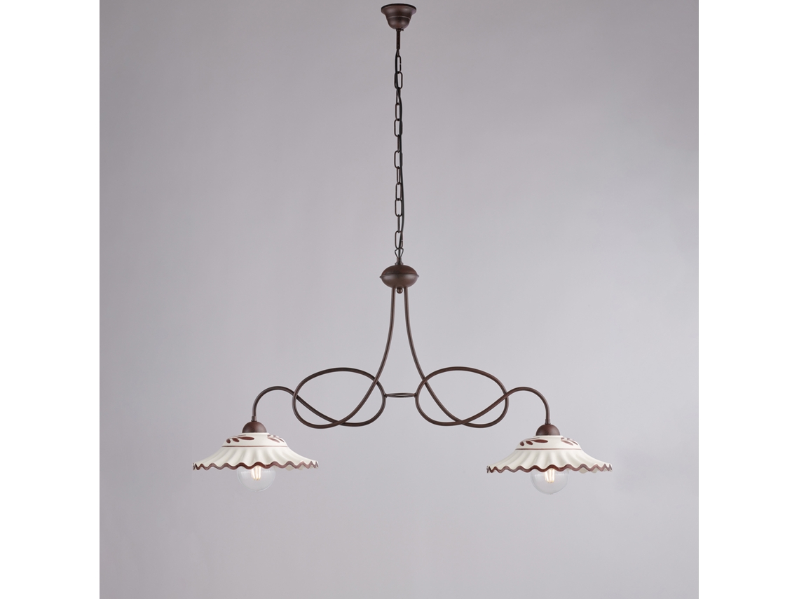 Lámpara de araña Bistrot en hierro negro y efecto óxido Deco con difusores de cerámica D. 30 Blanco y marrón 2 luces L. 98 X 30 Belight