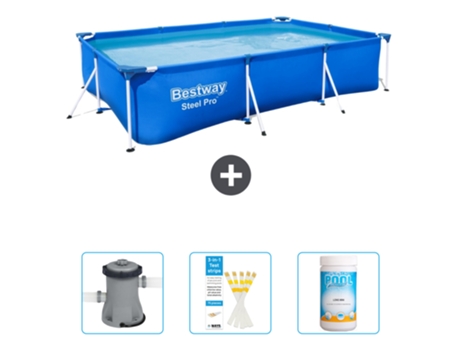 Piscina BESTWAY Rectangular Steel Pro - 300 x 201 x 66 cm - Azul - Incluida Bomba - Tiras de prueba - Cloro