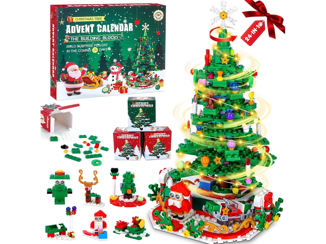 Calendario de Adviento 24 en 1 Eifson con árbol de Navidad y bloques de construcción giratorios, con LED