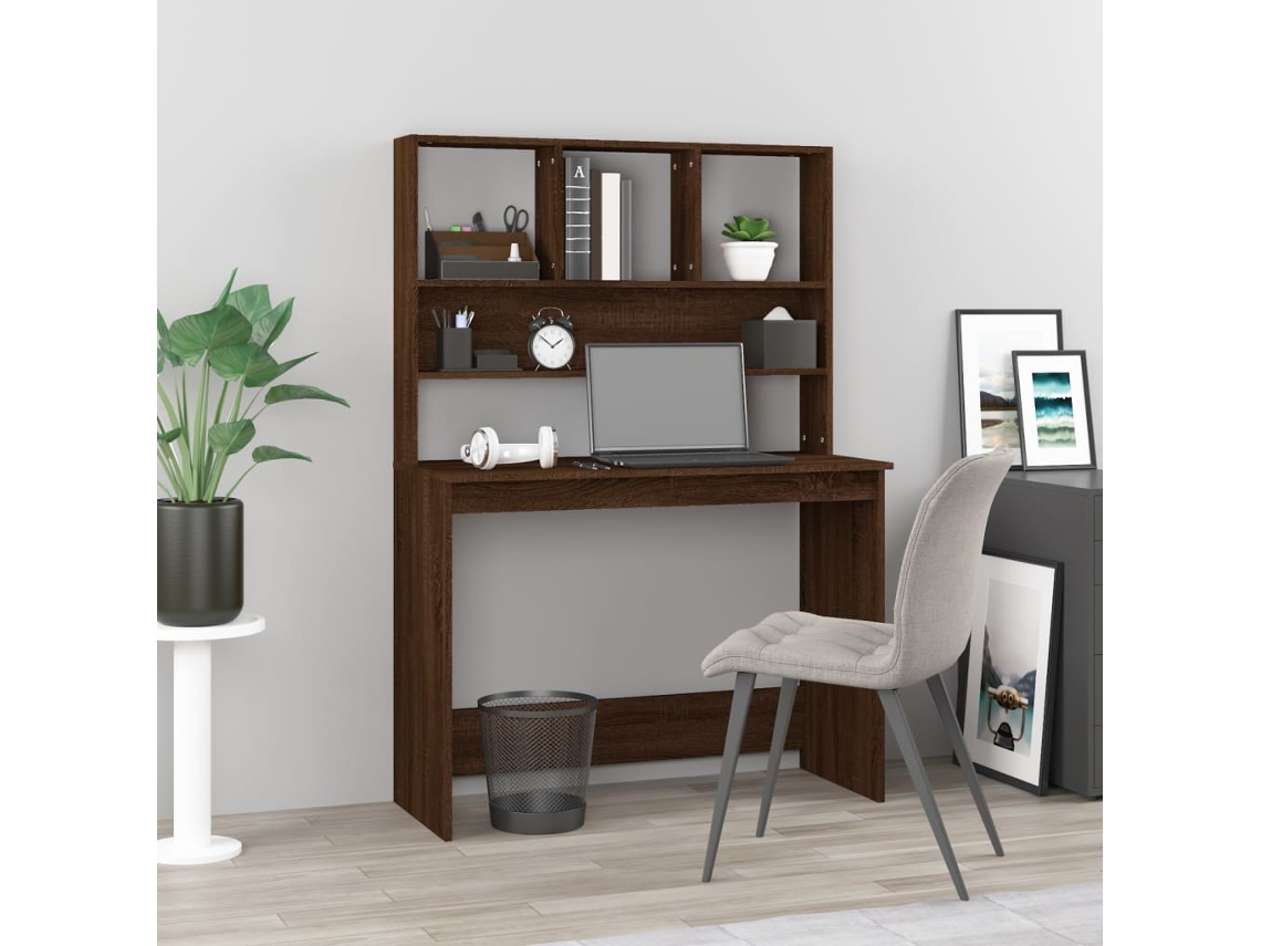 Escritorio | Mesa | Escritorio con estantes, derivados de madera de roble, marrón