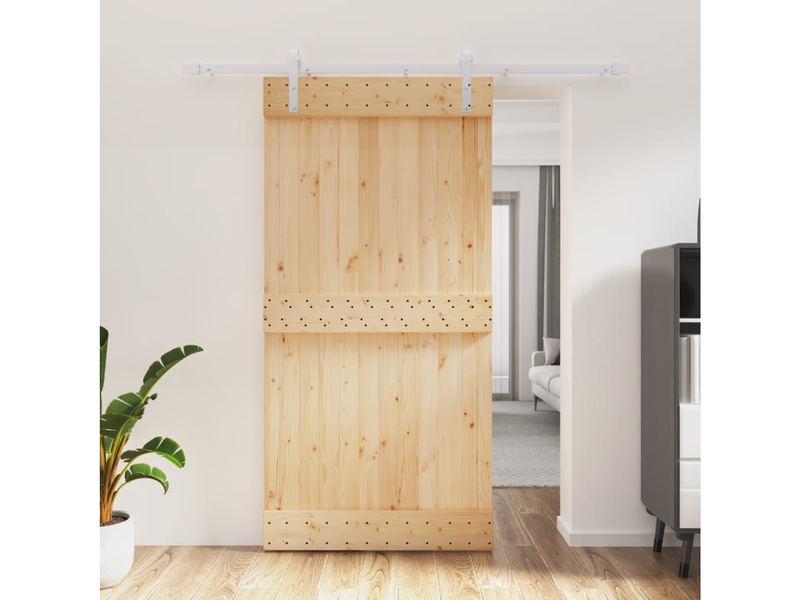 Puerta Corredera Con Herrajes Madera Maciza De Pino 100x210 Cm
