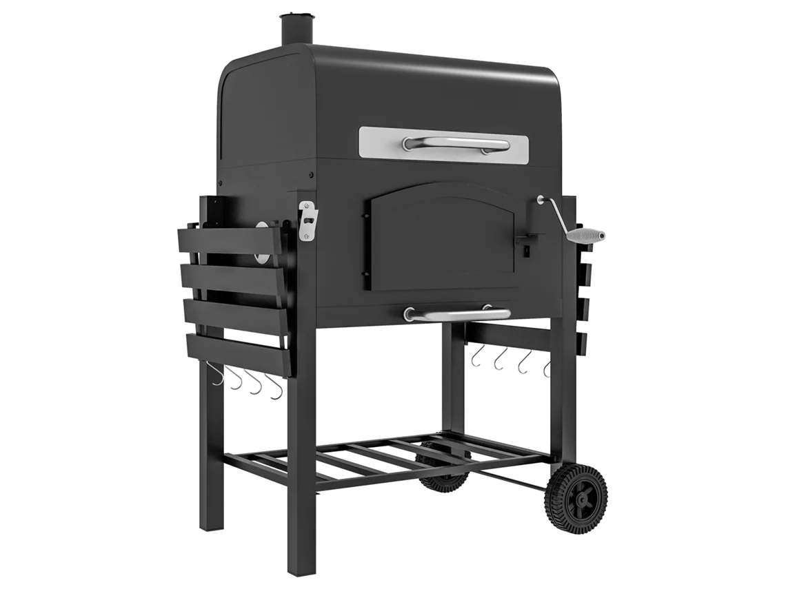 Parrilla ahumadora de carbón VISTA con compartimento ajustable y estantes laterales (124x66x112cm) negra