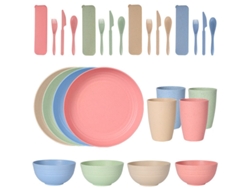 Juego de cubiertos de plástico de 24 piezas, incluye platos, vasos, cucharas y cuchillos. Mdug (colores surtidos)