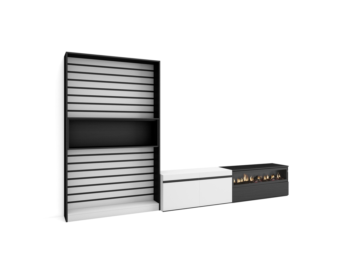 Muebles de Salón para TV SKRAUT HOME Para TV hasta 80", Chimenea eléctrica, Blanco y Negro (310x186x35 cm)
