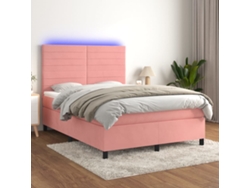 Cama Box Spring Colchón Y Led Terciopelo Rosa 140x190 Cm