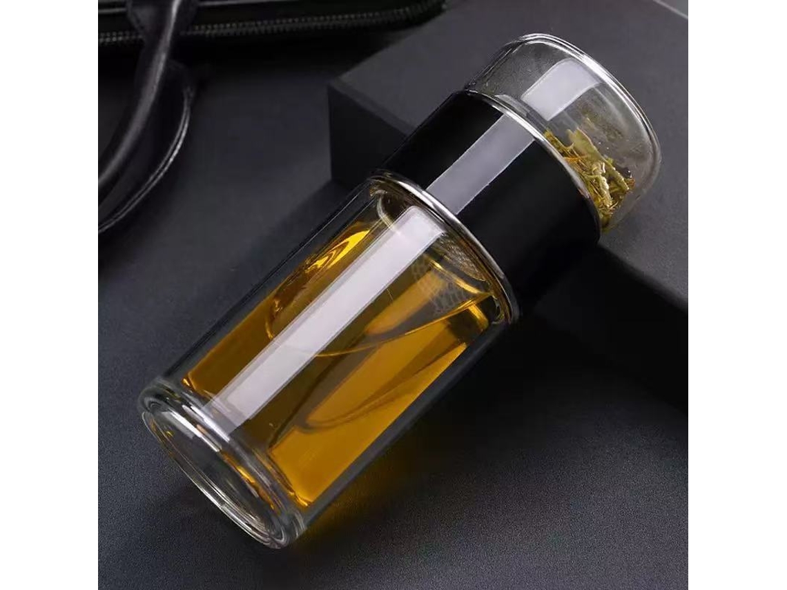 Botella de agua de vidrio de borosilicato de 420 ml con filtro y vaso de doble pared. Mdug (negra)