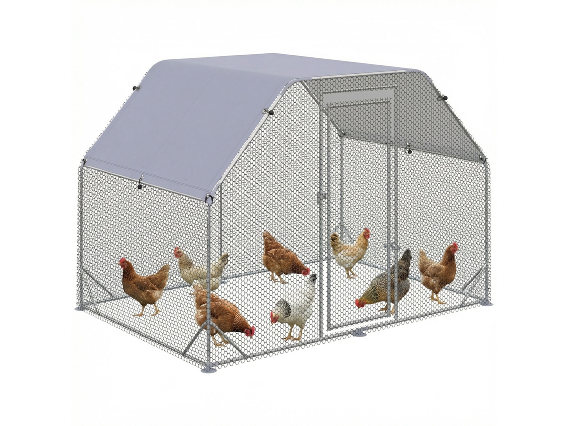 Gran gallinero exterior de acero galvanizado, de 280x190x195 cm, con cubierta de tela Oxford plateada.